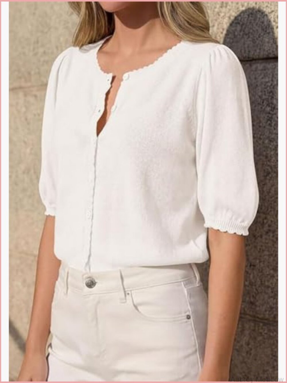 Puff Short Sleeve Cardigan Lightweight Button Down Knit Sweater Top - Picture 4 of 7